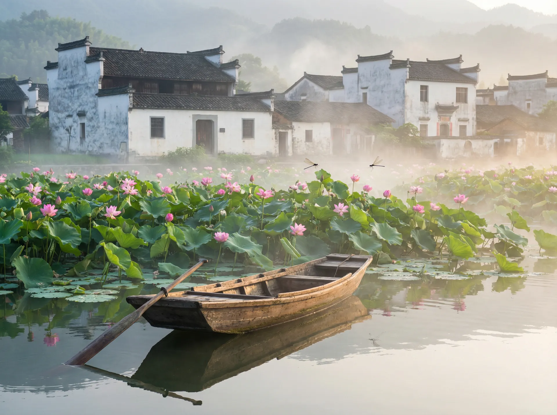 清晨荷塘小舟，粉色荷花盛开，白墙黑瓦的村庄 - 青苹果乐园影院免费观看完整 水乡风情